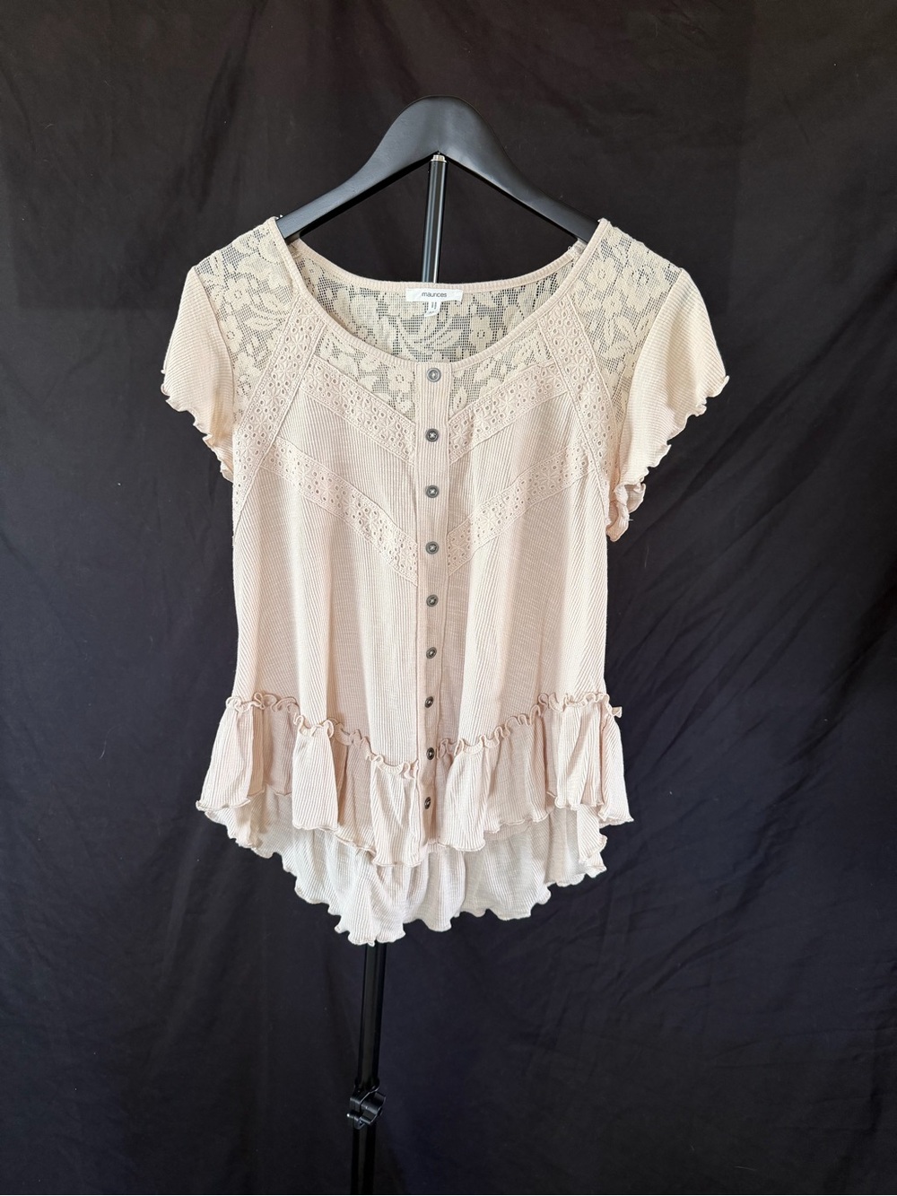 Maurices Lace Yoke Ruffle Button-Front Top — Cream